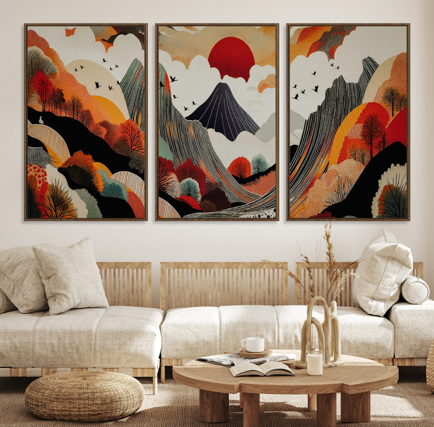 Abstract Mountain Wall Art Canvas Print, Vibrant Landscape Print, Framed Stylized Nature Drawing Art Print, Large Sunset Mountains Printing Perfect for Contemporary Minimalist Decor
