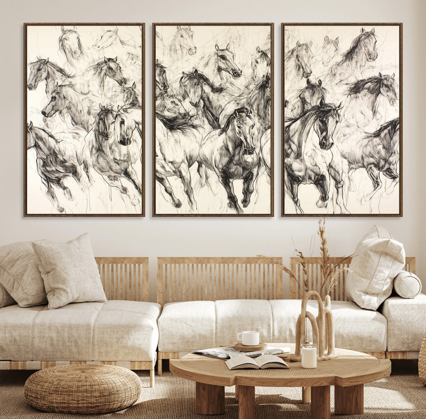 Monochrome ink sketch of galloping horses in dynamic motion, perfect for western or equine-themed wall decor with bold artistic energy.