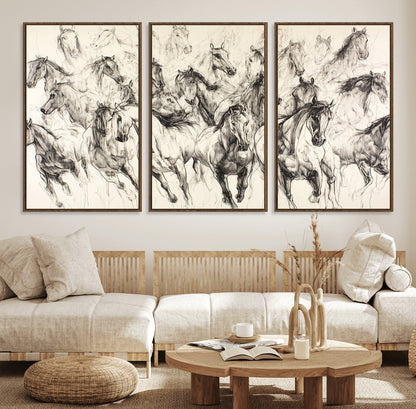 Monochrome ink sketch of galloping horses in dynamic motion, perfect for western or equine-themed wall decor with bold artistic energy.