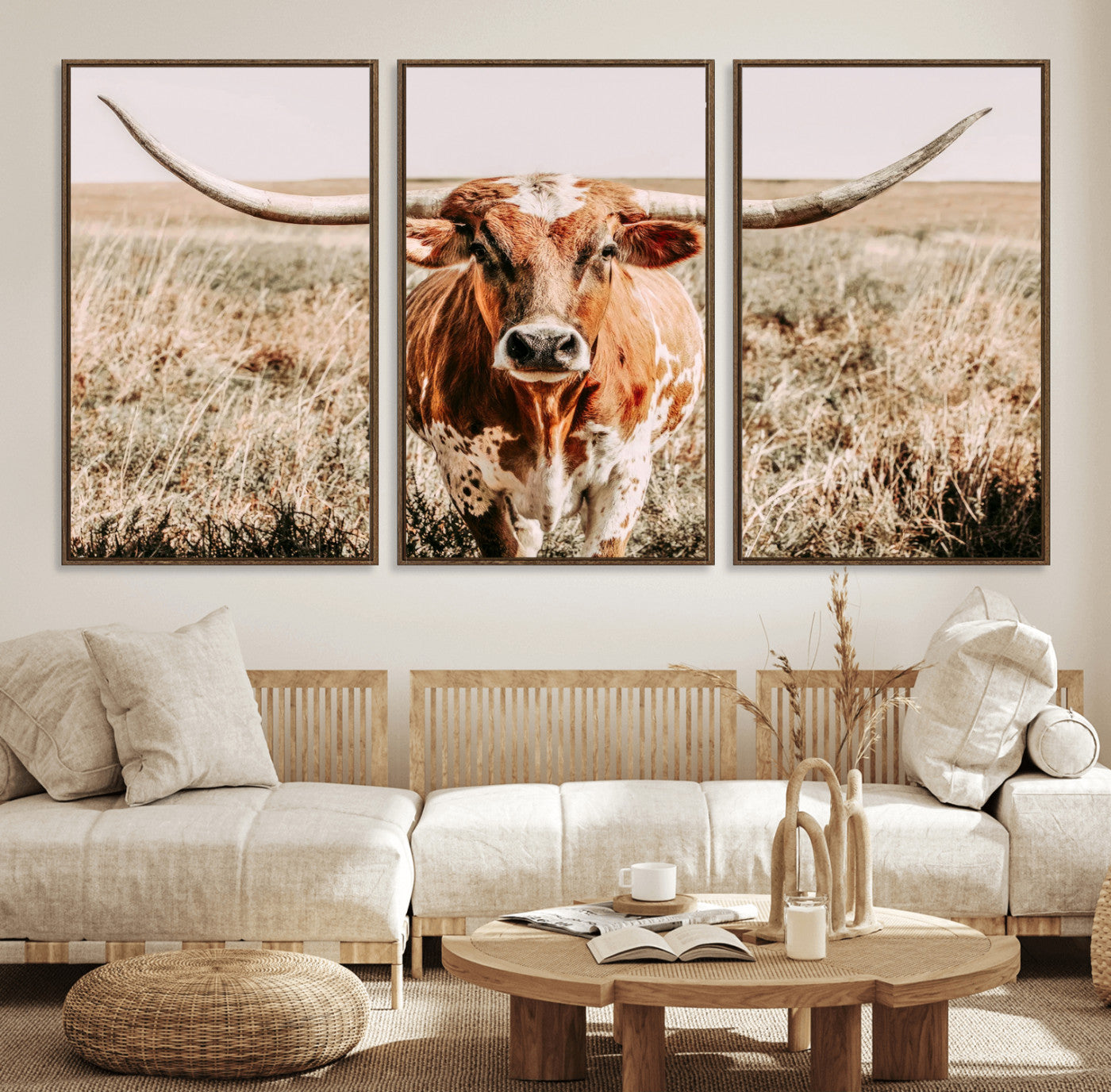 Framed longhorn cow canvas wall art with rustic prairie background, western animal print perfect for farmhouse or ranch style decor