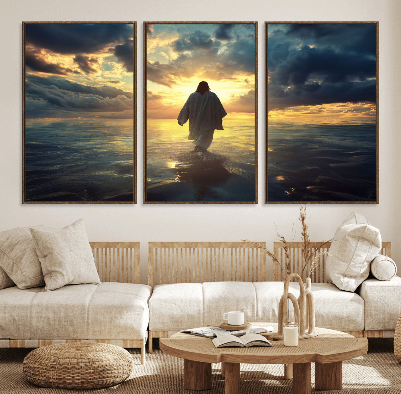 Spiritual artwork of Jesus walking on water at golden hour with divine light, ideal for Christian home decor or prayer room.