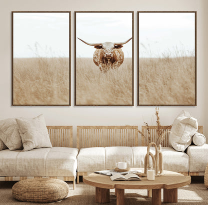 Texas Longhorn bull standing alone in dry grass with neutral tones, ideal for rustic western or cowboy-themed wall decor.