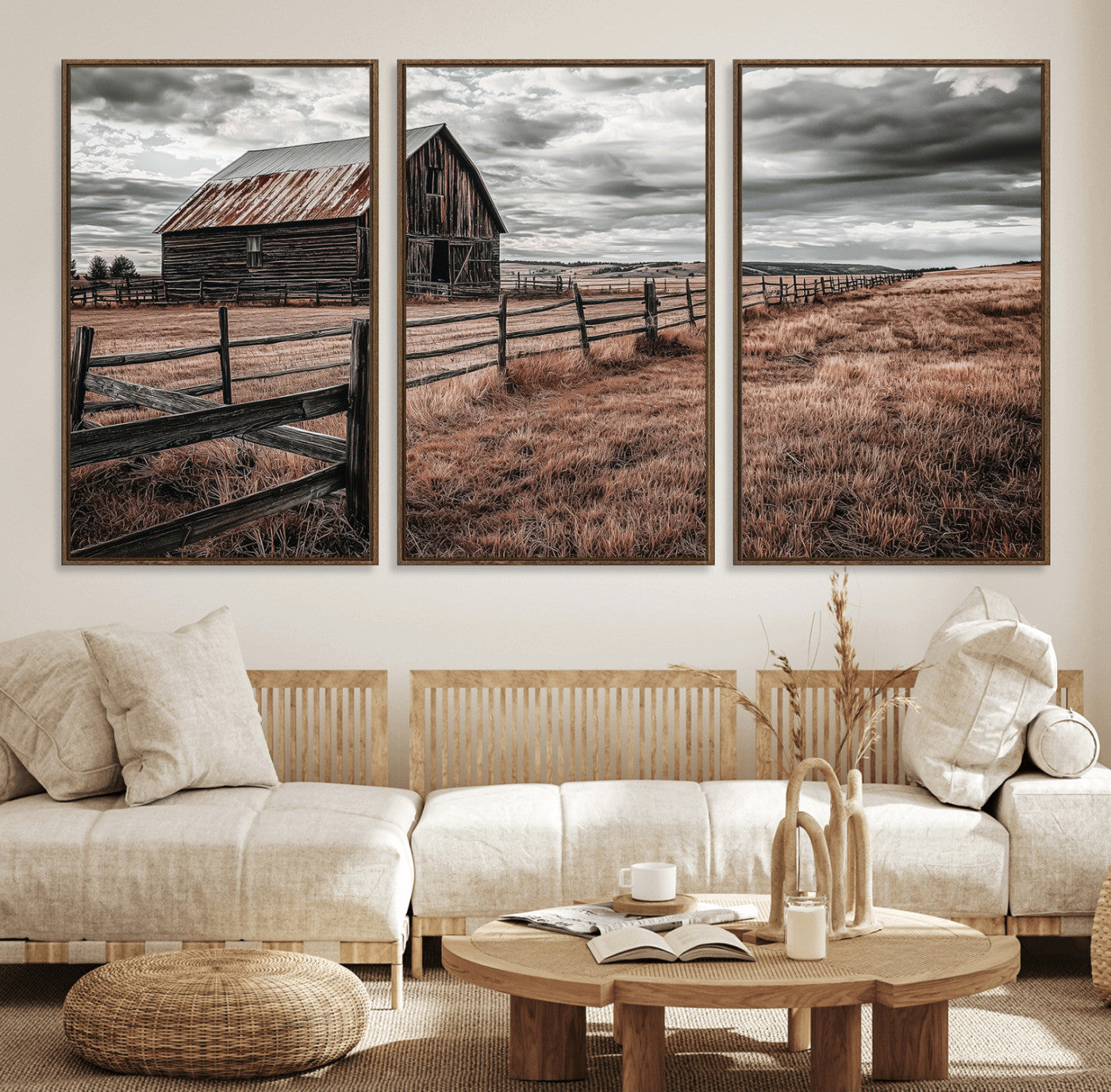 Framed canvas of a rustic barn under a moody sky with weathered fence and dark fields, ideal for farmhouse or rural-style wall decor.