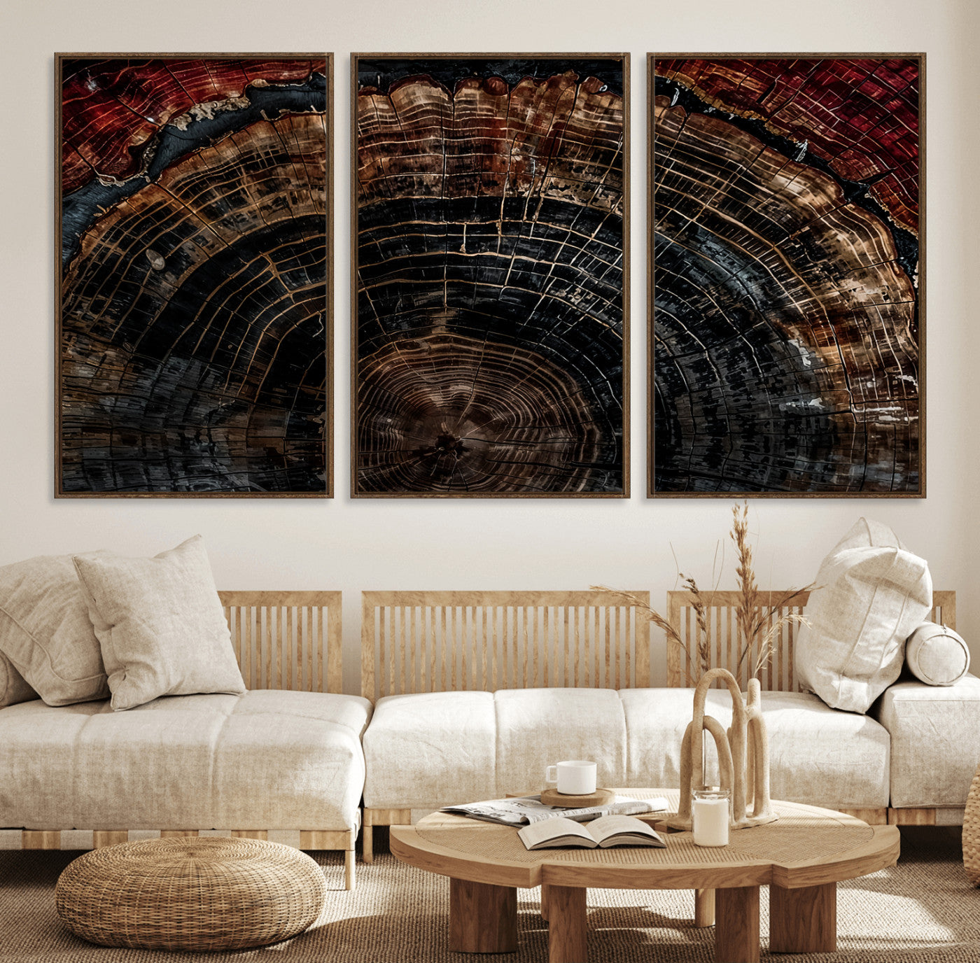 Dark Wood Wall Art Print - Petrified Tree Canvas Print, featuring an intricate tree ring pattern with deep earthy tones and organic textures, perfect for rustic and nature-inspired decor.