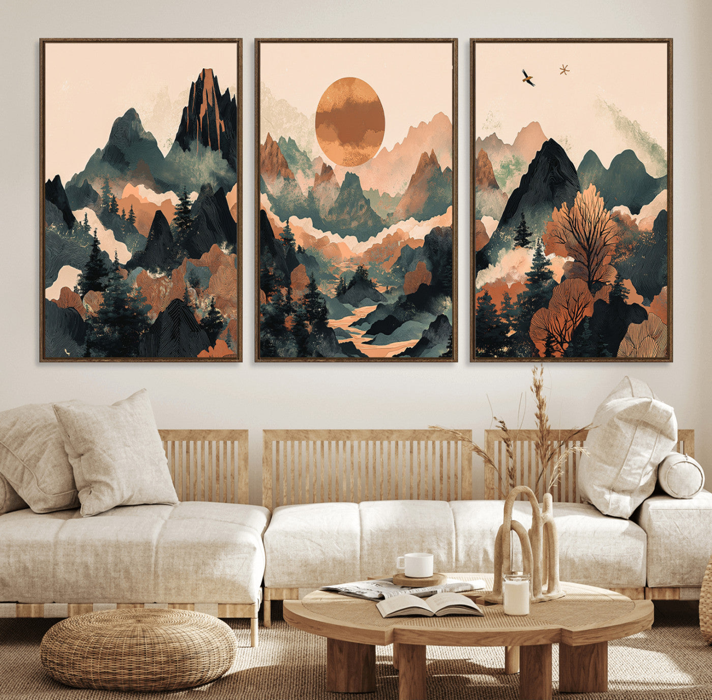 Mountain Landscape Wall Art Print - Sunset Hills Canvas Print, featuring an abstract nature scene with earthy tones and misty peaks, perfect for boho and modern decor.