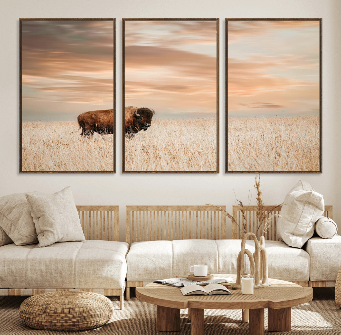 Bison Wall Art Print - Buffalo Canvas Print, featuring a lone bison in a golden prairie under a warm sunset sky, perfect for rustic and farmhouse decor.