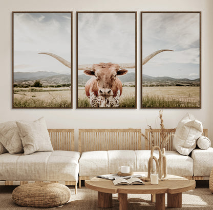 Longhorn Wall Art Print - Western Cow Canvas Print, featuring a majestic Texas longhorn in a rustic prairie setting, perfect for farmhouse and western decor.