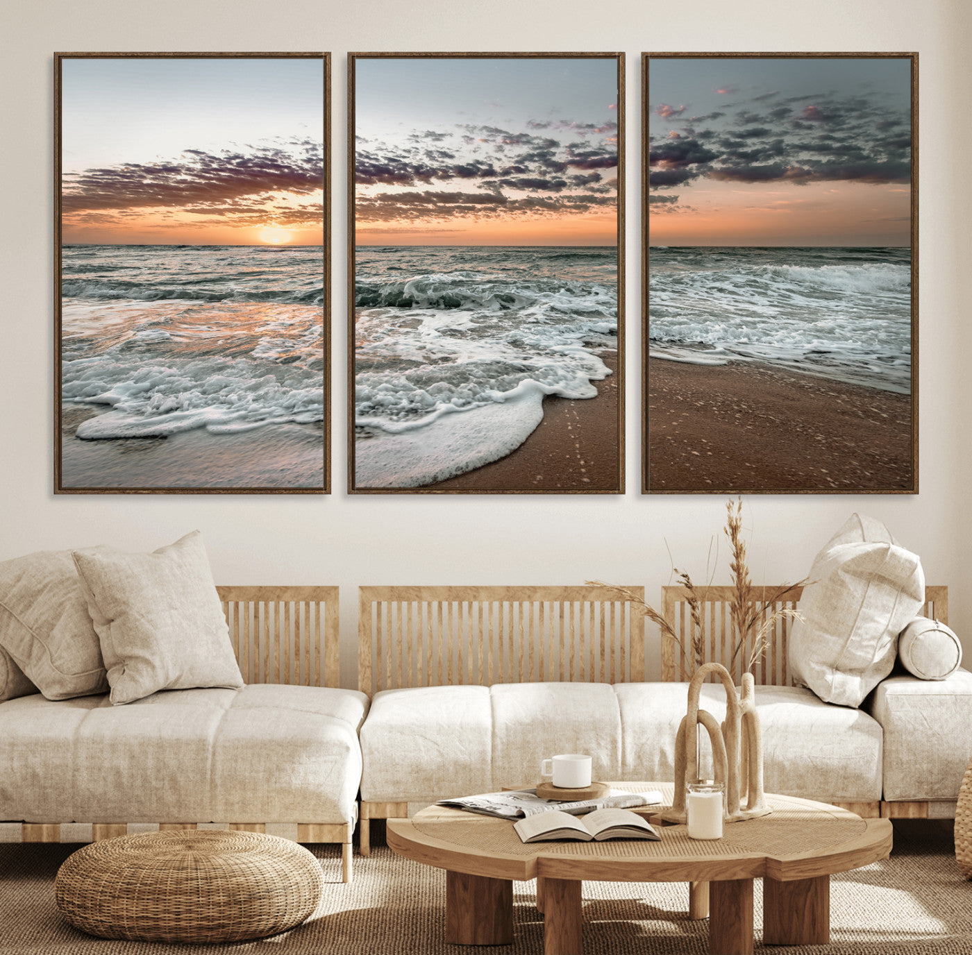 Ocean Sunset Wall Art Print - Beach Waves Canvas Print, featuring a serene seascape with golden sunlight reflecting on gentle waves, perfect for coastal and minimalist decor.