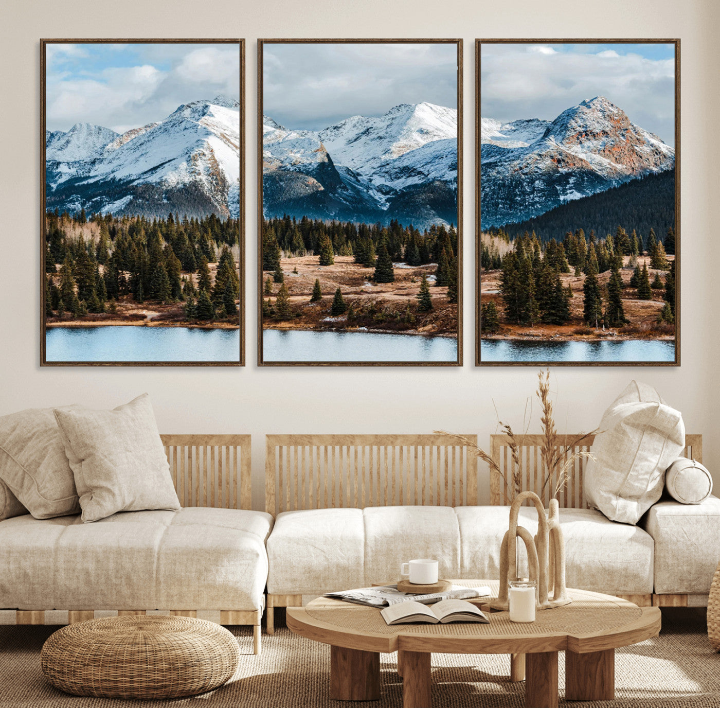Framed canvas of snowy mountain peaks with pine forest and alpine lake, perfect for winter cabin or wilderness-inspired home decor.
