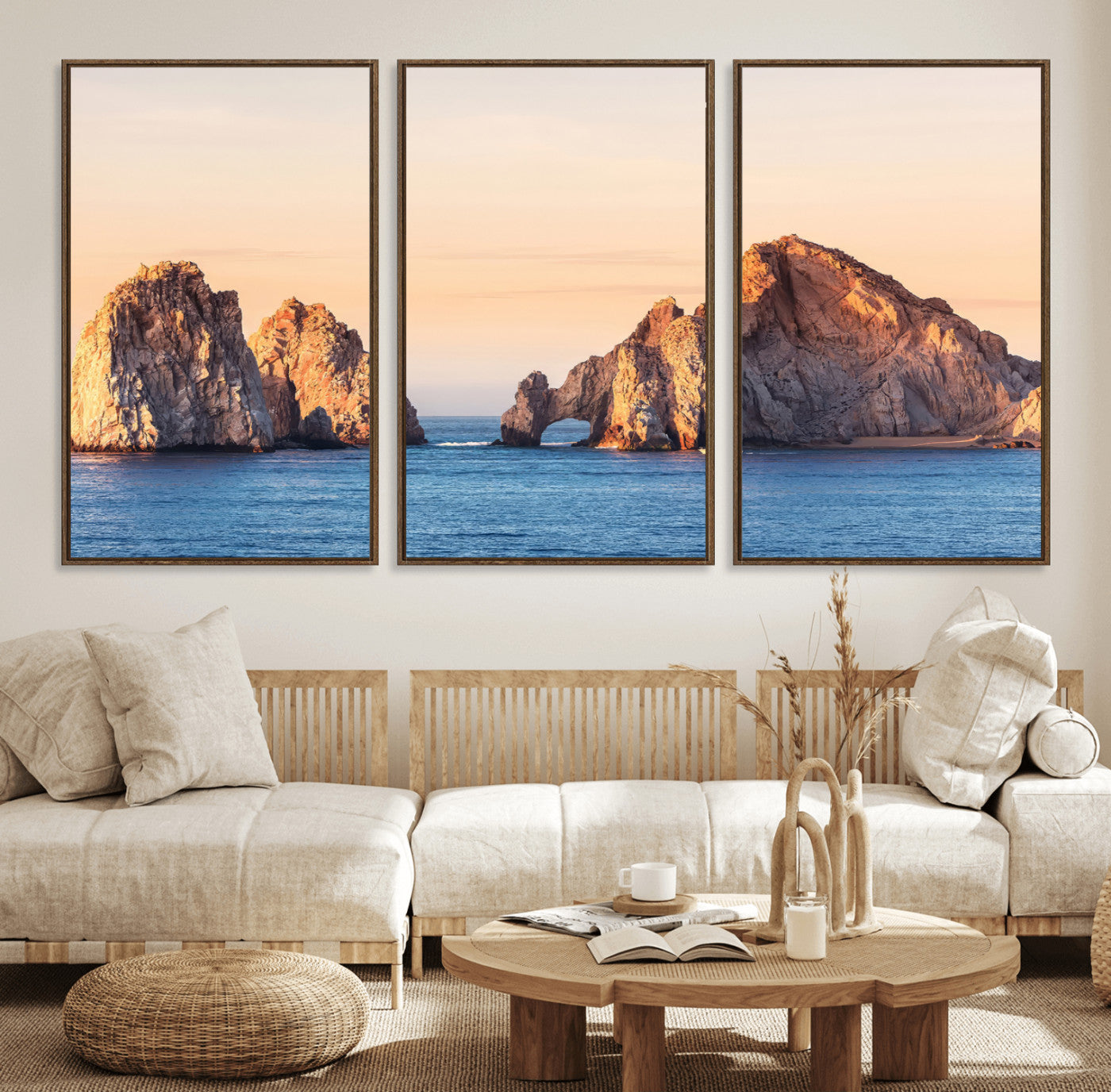 Framed canvas of El Arco rock formation in Cabo San Lucas at golden hour, ideal for coastal landmark or ocean-inspired decor.