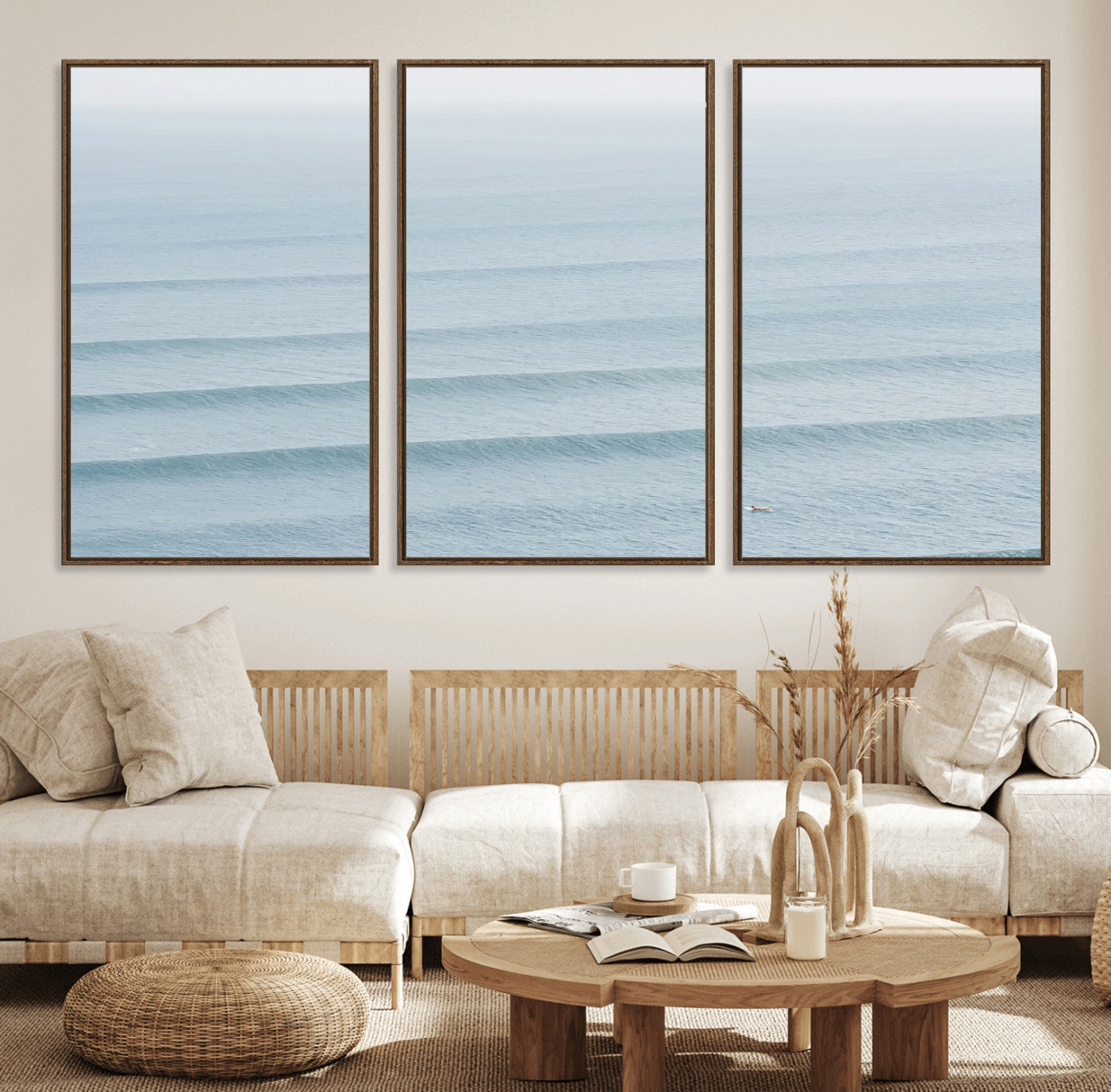 Framed canvas of repeating ocean waves with a distant solo surfer, ideal for minimalist ocean or calm coastal wall decor.