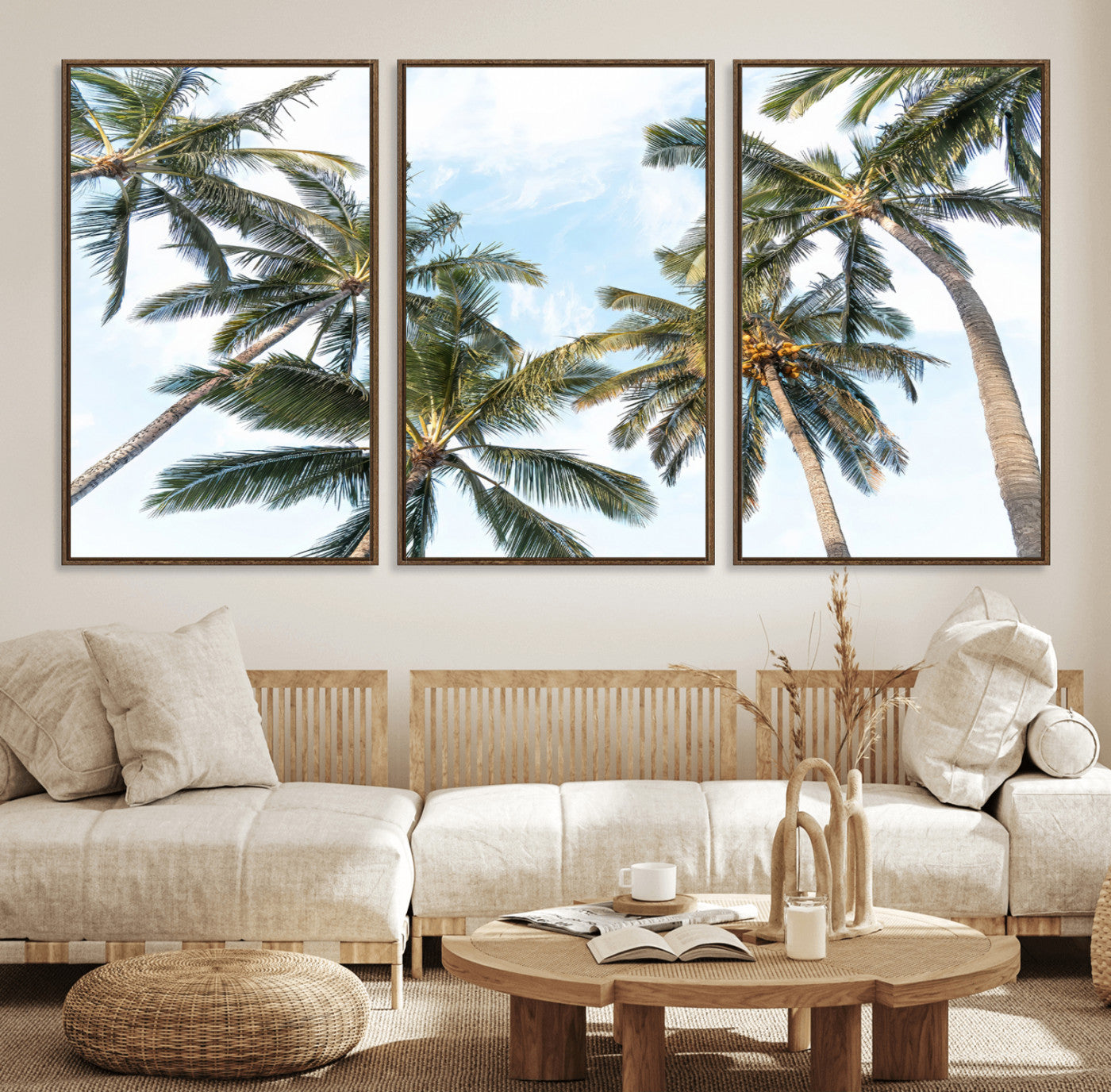 Framed canvas of tall palm trees reaching into a tropical sky, ideal for beach home or relaxed island-inspired wall decor.