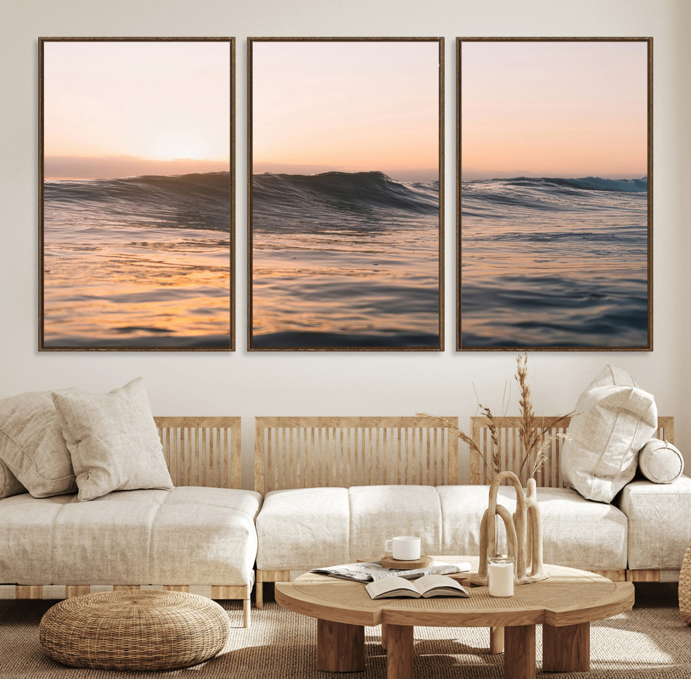 Framed canvas of ocean waves glowing in sunset light, ideal for golden hour calm or peaceful coastal-inspired wall decor.