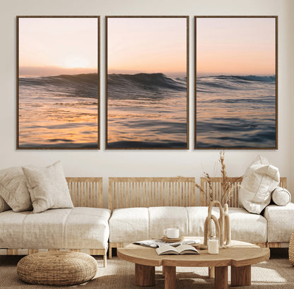 Framed canvas of ocean waves glowing in sunset light, ideal for golden hour calm or peaceful coastal-inspired wall decor.