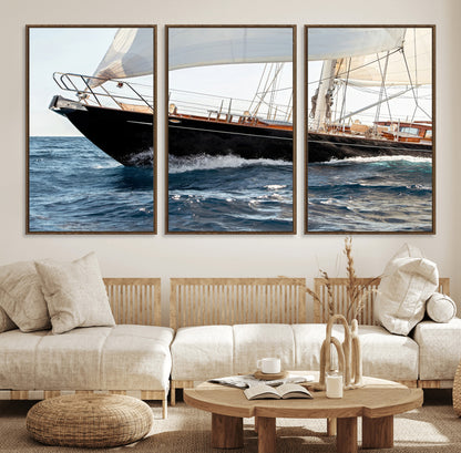 Close-up of a classic sailing yacht with wooden deck and full sails, perfect for nautical or coastal-style decor in ocean-themed spaces.