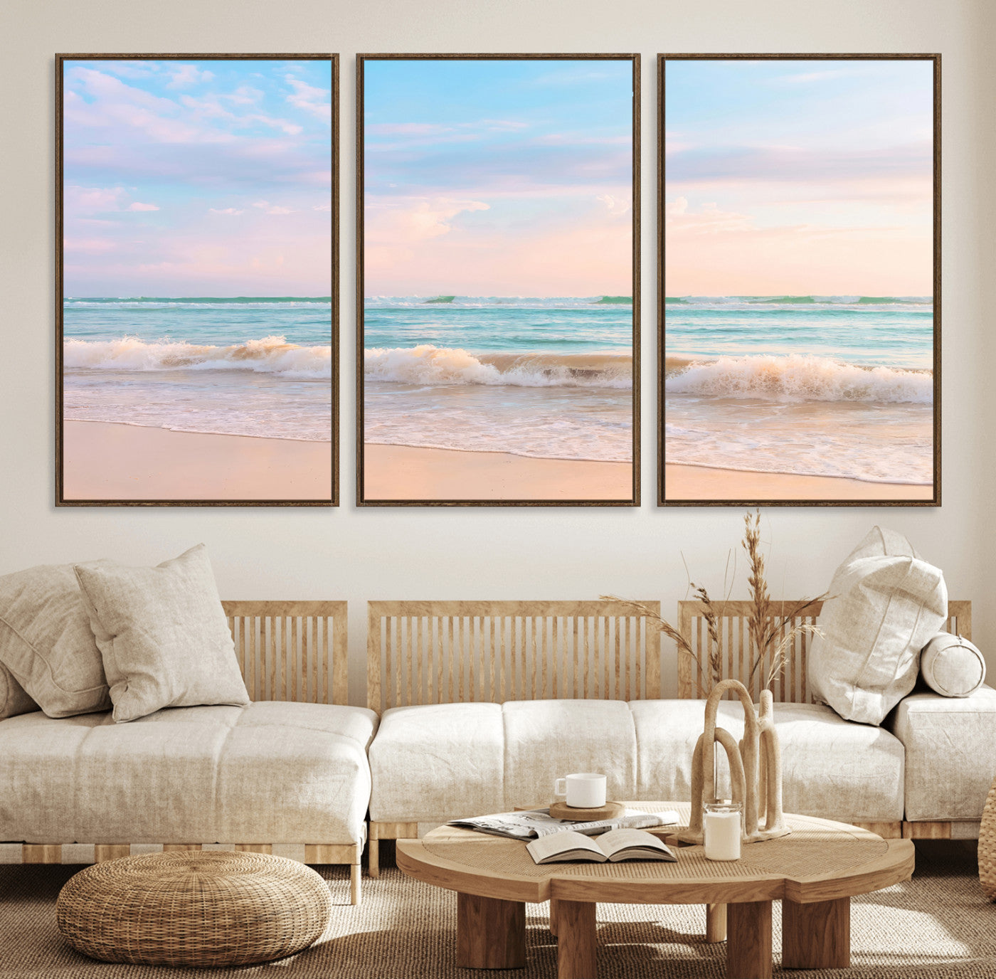 Pastel-toned ocean waves under soft sunset skies, ideal for pastel coastal or serene beach-style home decor.