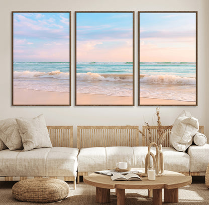 Pastel-toned ocean waves under soft sunset skies, ideal for pastel coastal or serene beach-style home decor.