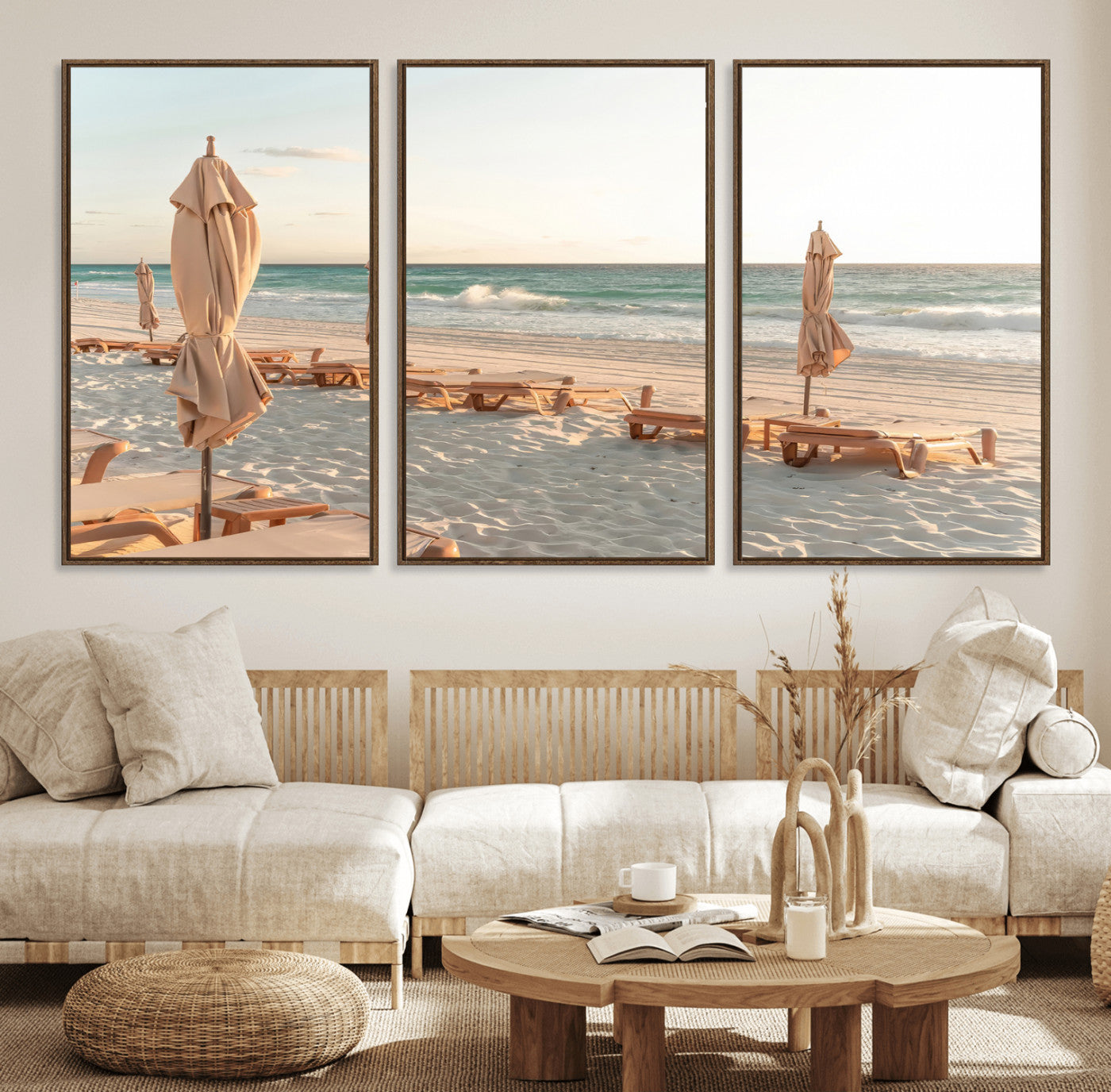 Minimalist photo of empty beach loungers and umbrellas on soft sand, ideal for calm seaside or pastel coastal-style home decor.