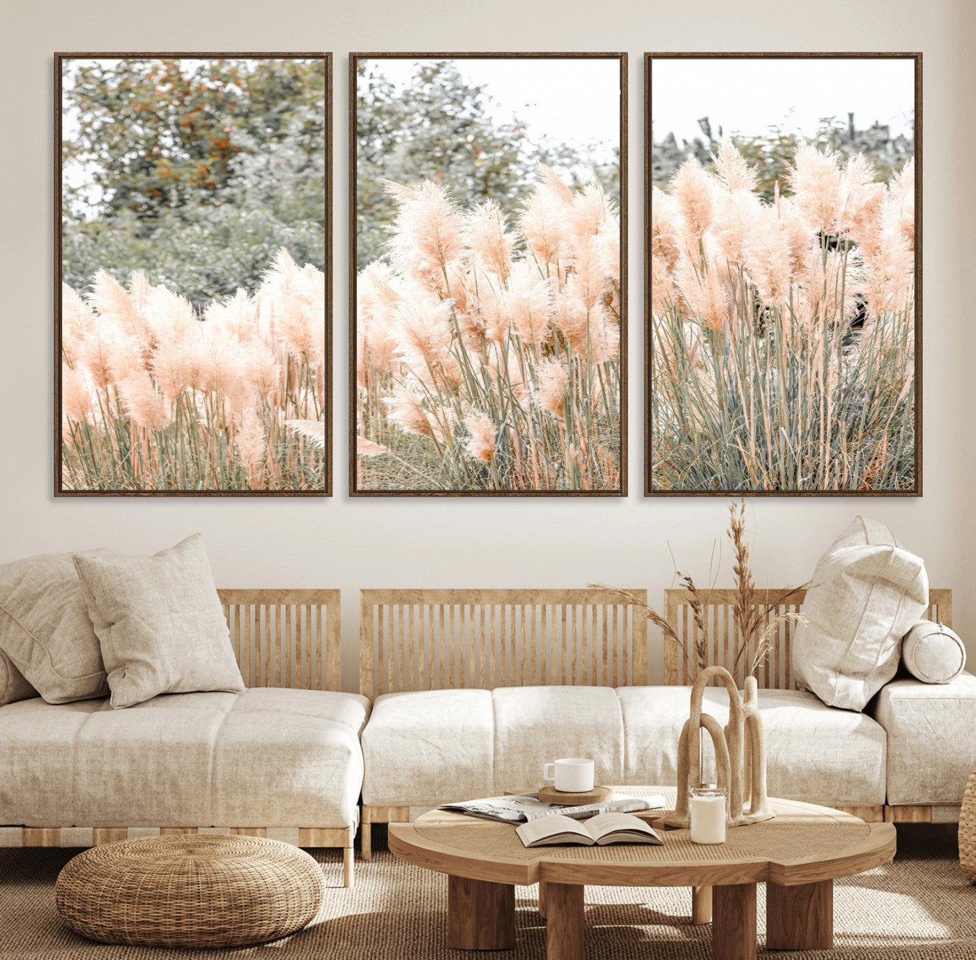 Soft pastel pampas grasses in a natural setting, ideal for neutral boho or rustic botanical-style interior wall decoration.