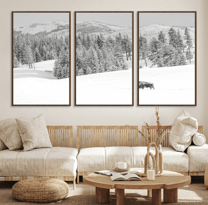 Snowy bison walking through white forest landscape, ideal for monochrome winter or wilderness-style interior wall decoration.