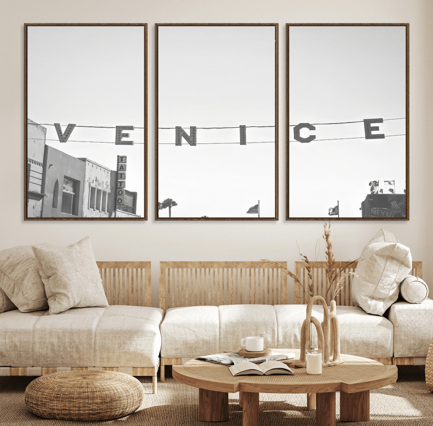 Black and white photo of Venice Beach sign and palm-lined street, perfect for urban coastal or minimalist LA-inspired wall decoration.