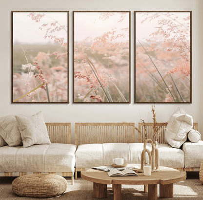 Soft pastel field with wild grasses in warm light, ideal for minimal nature or airy countryside-inspired interior wall decoration.