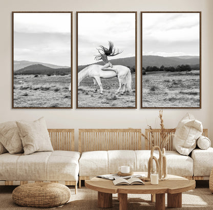Black and white photo of a woman on a white horse in moody tones, ideal for Western Boho or modern rustic-style home decor.