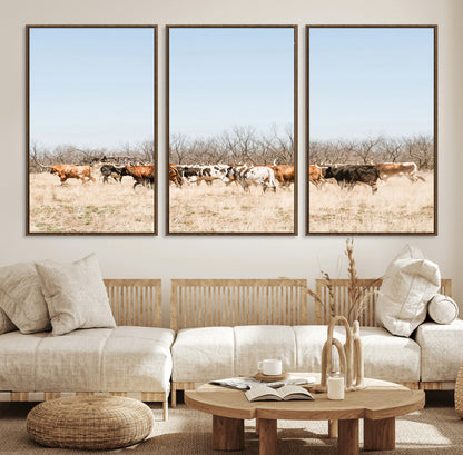 Framed wall art of Texas longhorn cattle walking through a dry, neutral-toned prairie, perfect for rustic farmhouse or western-themed home decor.