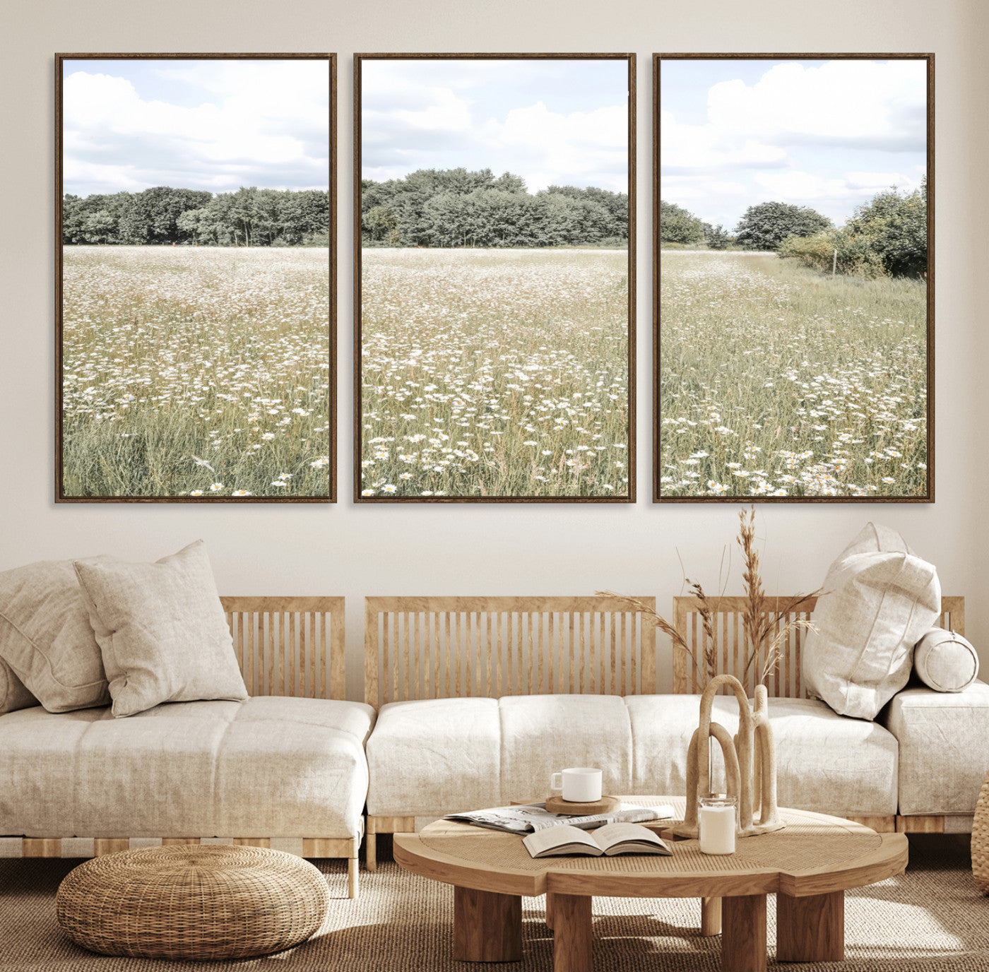 Soft-toned image of a wild daisy field under a cloudy sky, ideal for neutral or Scandinavian-inspired home decor.