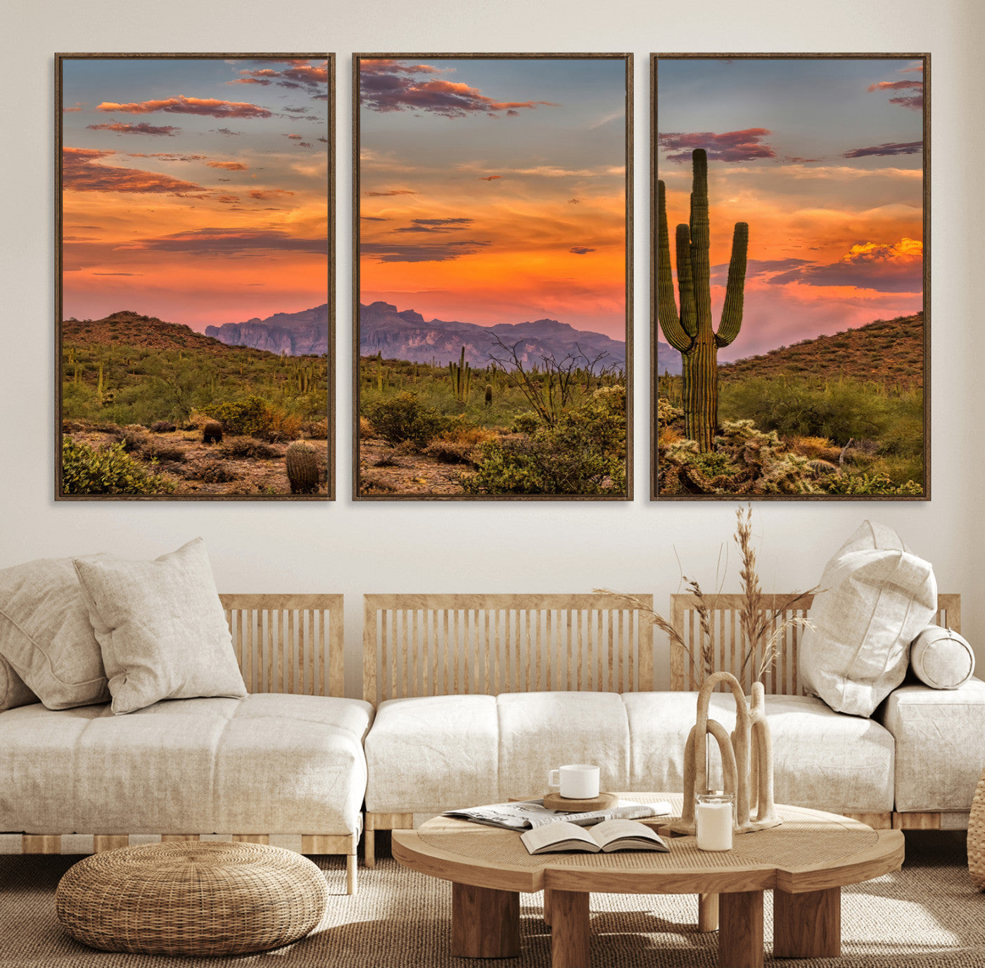 Vibrant desert sunset with saguaro cacti and distant mountains, perfect for Southwestern or warm-toned home decor.
