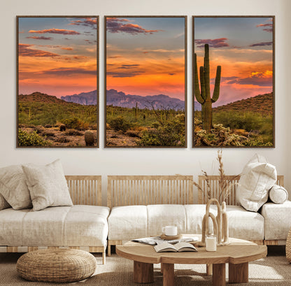 Vibrant desert sunset with saguaro cacti and distant mountains, perfect for Southwestern or warm-toned home decor.