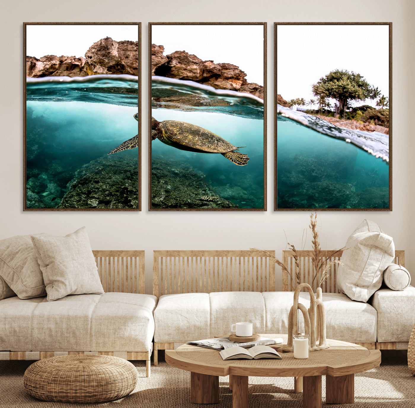 Dynamic split-view photo of a sea turtle swimming near rocky shores, perfect for vibrant coastal or tropical beach home decor.