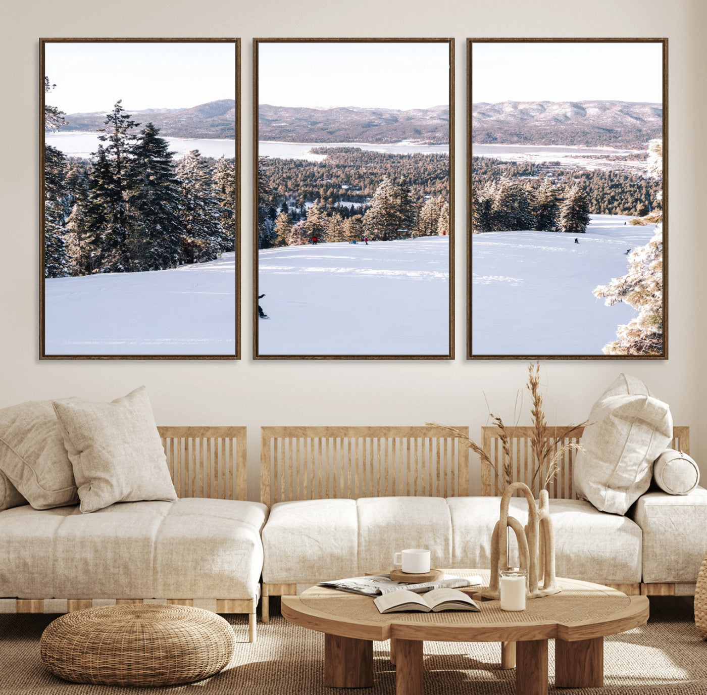 Canvas of a snowy mountain ski slope with pine trees and bright winter light, ideal for modern rustic or alpine-inspired home decor.