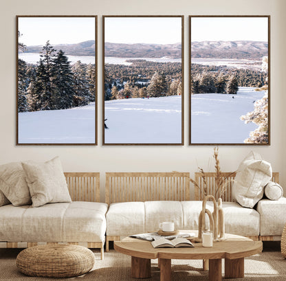 Canvas of a snowy mountain ski slope with pine trees and bright winter light, ideal for modern rustic or alpine-inspired home decor.