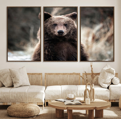 Canvas of a brown bear in soft earthy tones and moody forest light, ideal for rustic cabin or woodland nature-themed home decor.
