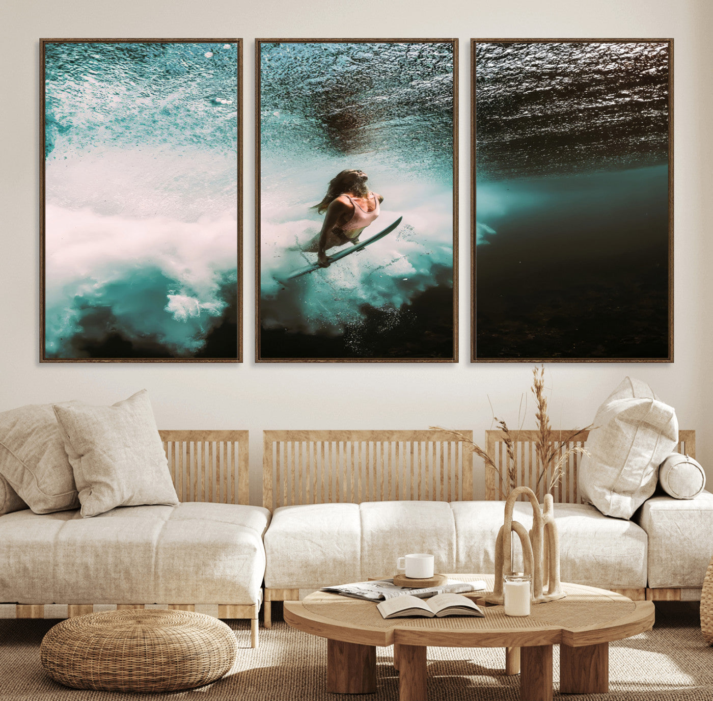 Vibrant underwater photo of a female surfer diving through turquoise waves, perfect for coastal boho or surf-inspired home decor.