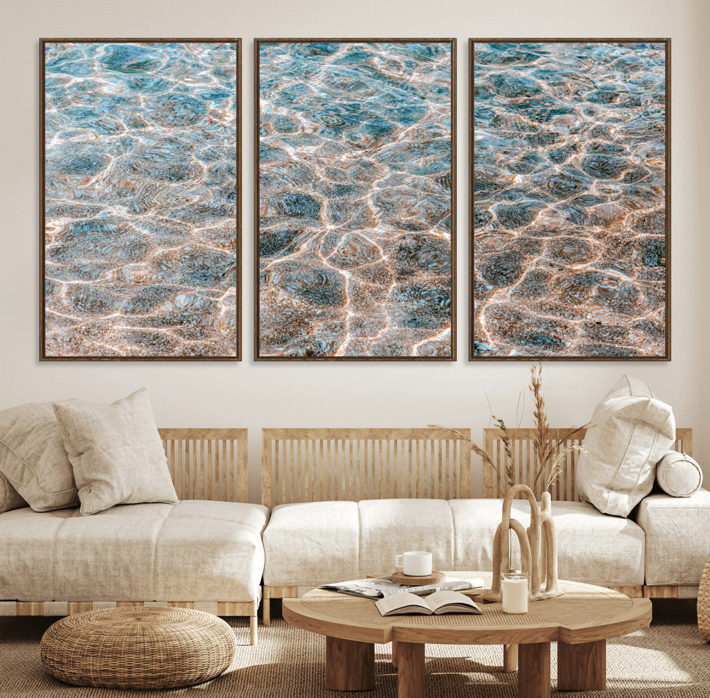 Close-up of sunlit ocean ripples with aqua blue and golden tones, ideal for modern coastal or minimalist home decor.