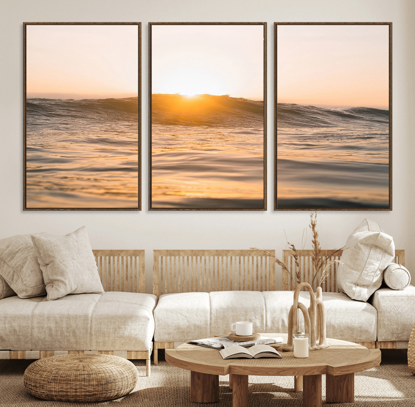 Ocean waves glowing under a warm golden sunset, reflecting soft light and calm movement, perfect for warm minimalist coastal interiors.