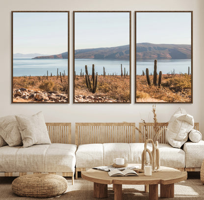 Warm desert landscape with cacti and coastal mountains, perfect for southwestern or earthy calm-themed home wall decor.