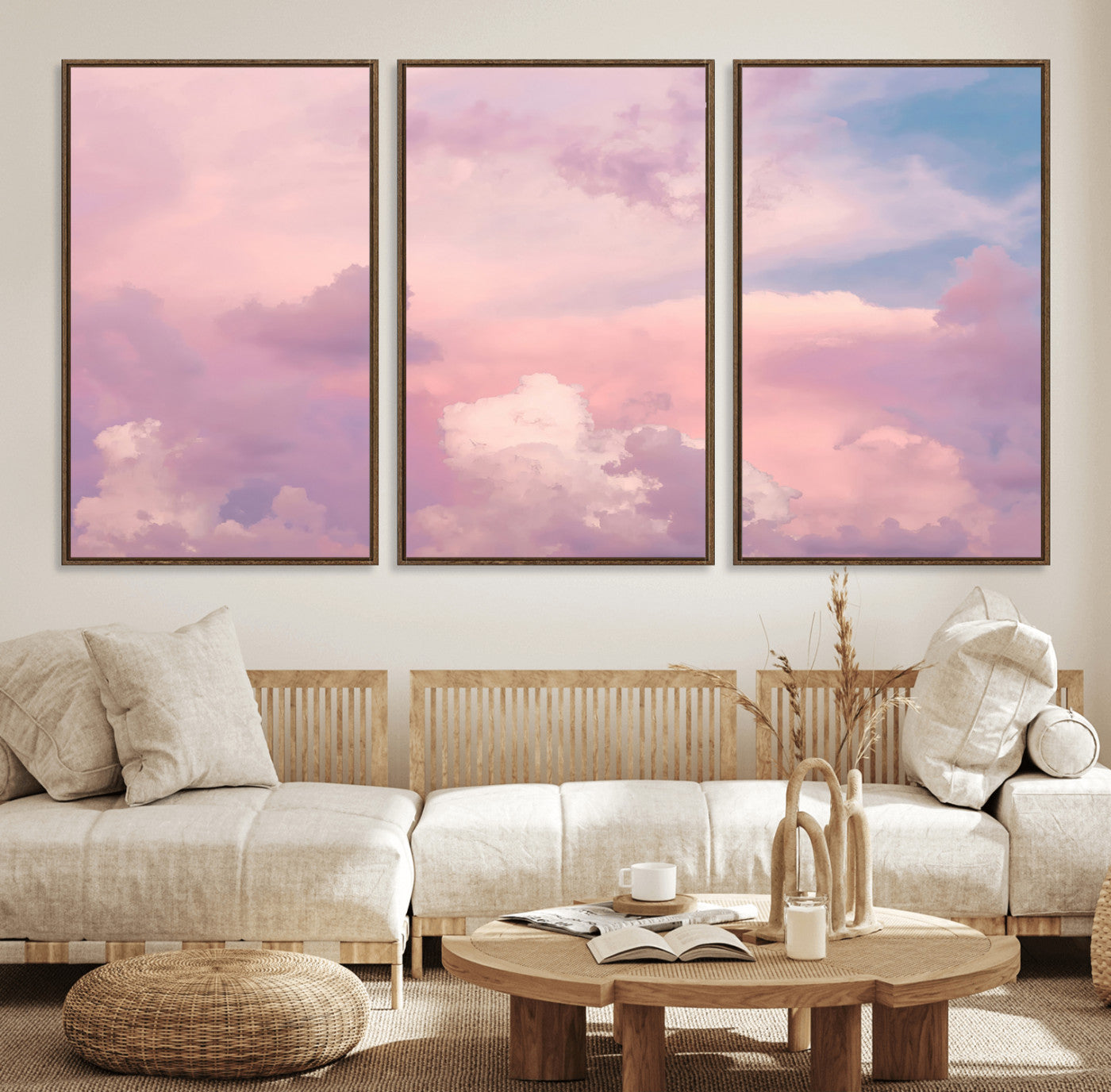Soft pastel-colored clouds in shades of pink, purple, and blue, creating a dreamy and serene sky perfect for a calming decor touch.