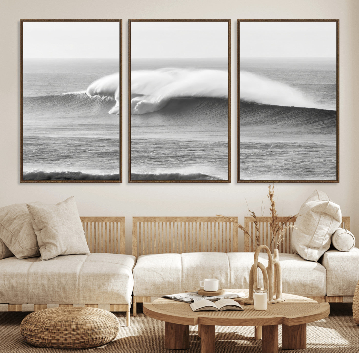 A dramatic black and white ocean wave crashing with immense force, capturing the raw power and movement of the sea in a bold seascape.