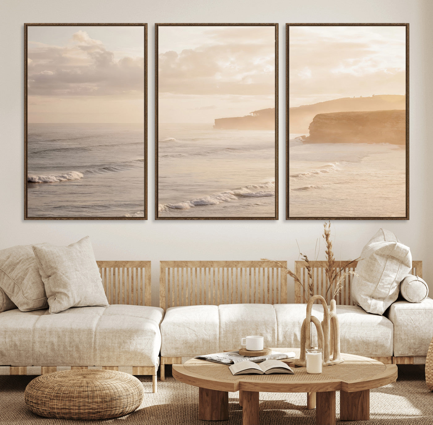 Golden hour seascape with misty cliffs and gentle waves rolling towards the shore, capturing a tranquil and warm coastal atmosphere.