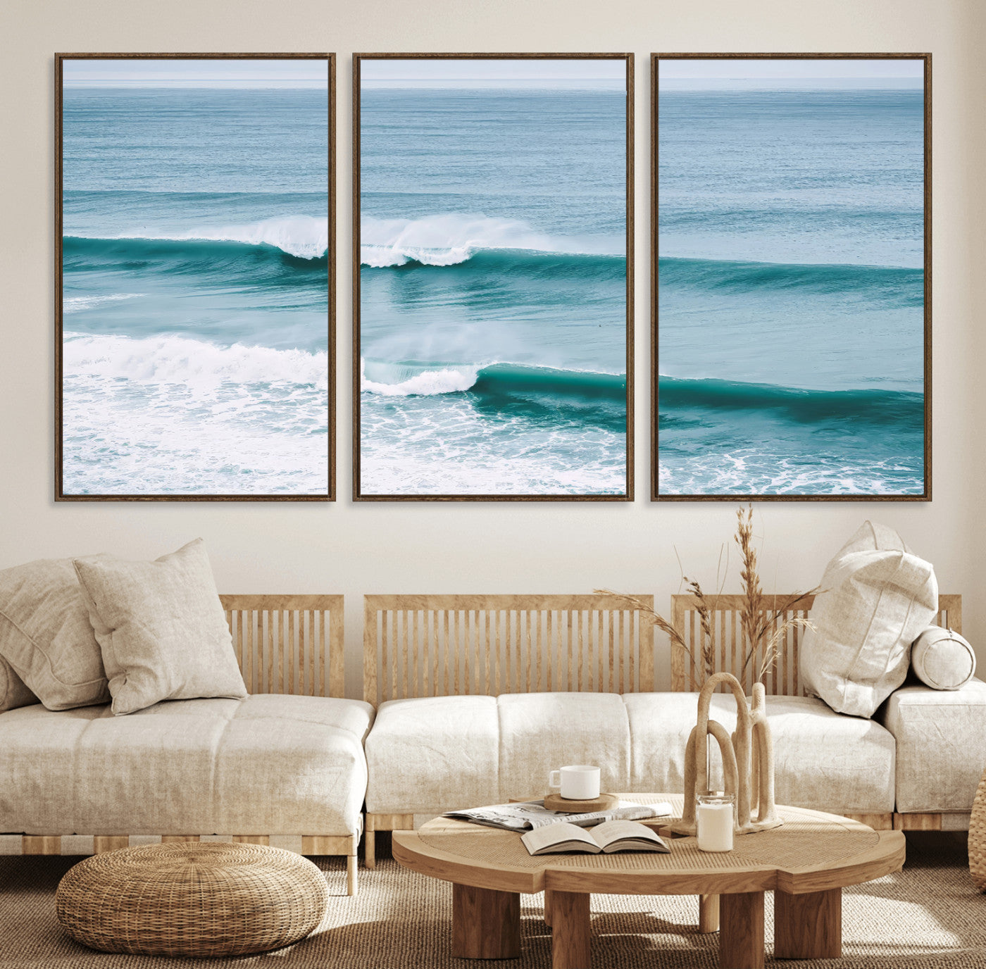 Powerful ocean waves rolling towards the shore, their turquoise hues blending with white sea foam under an open horizon, capturing the essence of the ocean's movement.