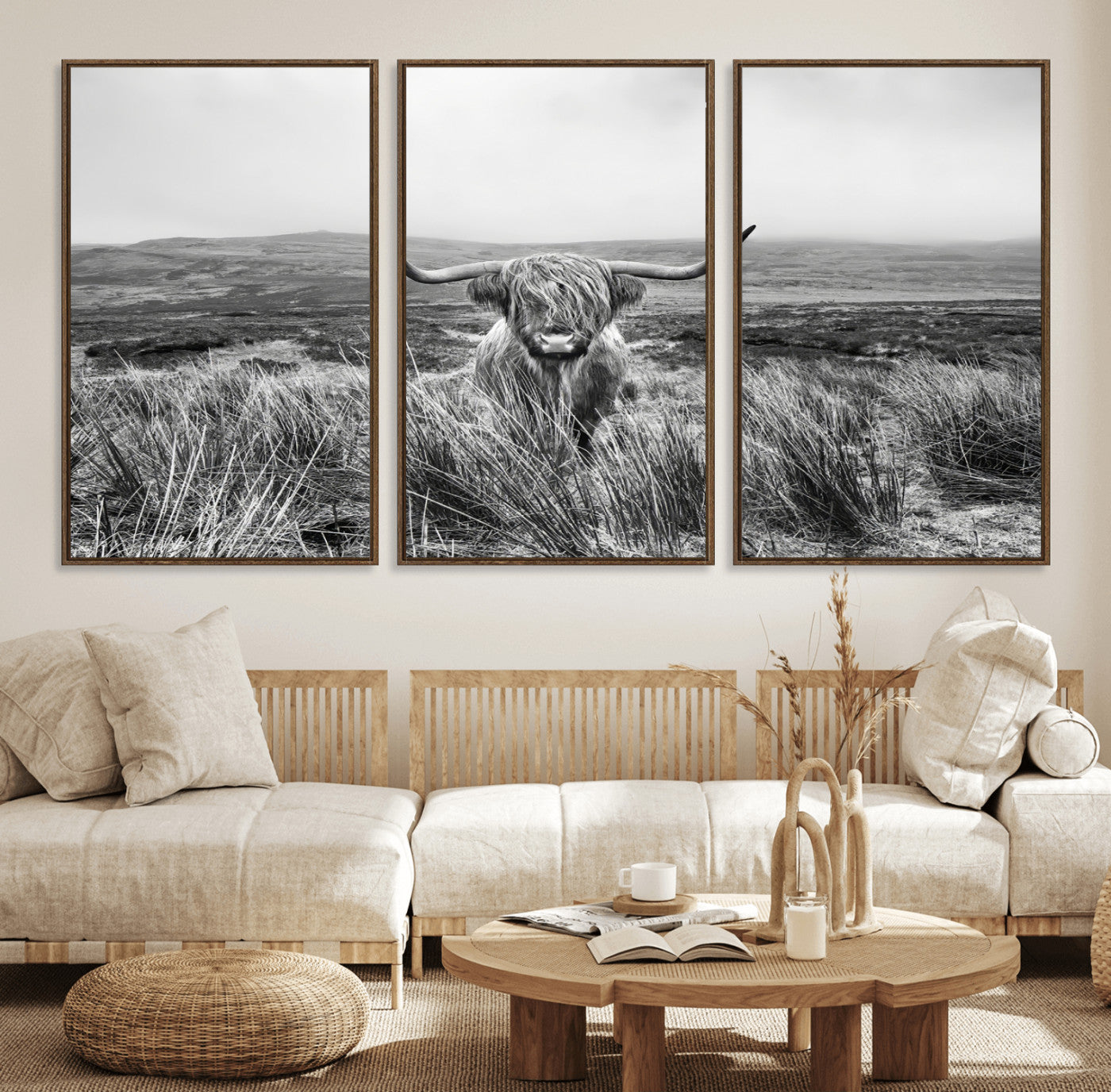 A black and white portrait of a Highland cow in a foggy Scottish countryside, capturing a rustic aesthetic and tranquil farm escape.