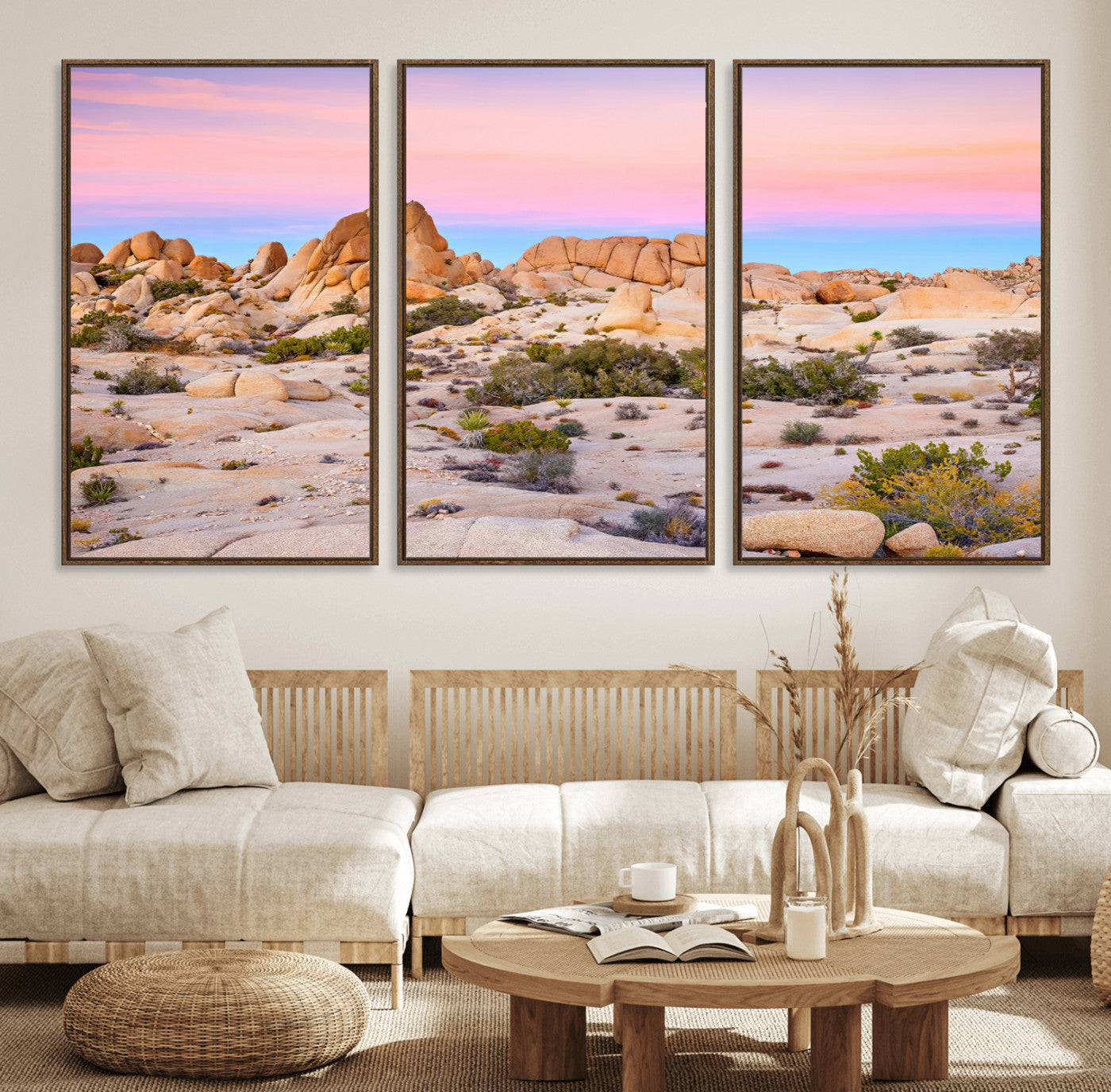A breathtaking desert landscape featuring rugged rock formations under a vibrant pastel sunset sky, capturing the warmth and serenity of a Southwestern wilderness.
