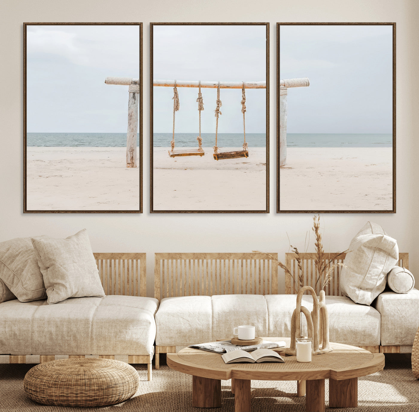 A rustic wooden beach swing stands on a serene sandy shore with an ocean horizon in the background, creating a tranquil and dreamy coastal escape.