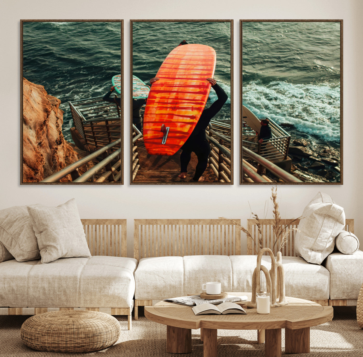 A surfer carrying a bold orange surfboard down a rugged staircase toward the ocean, bathed in golden hour light, capturing the energy of coastal adventure.