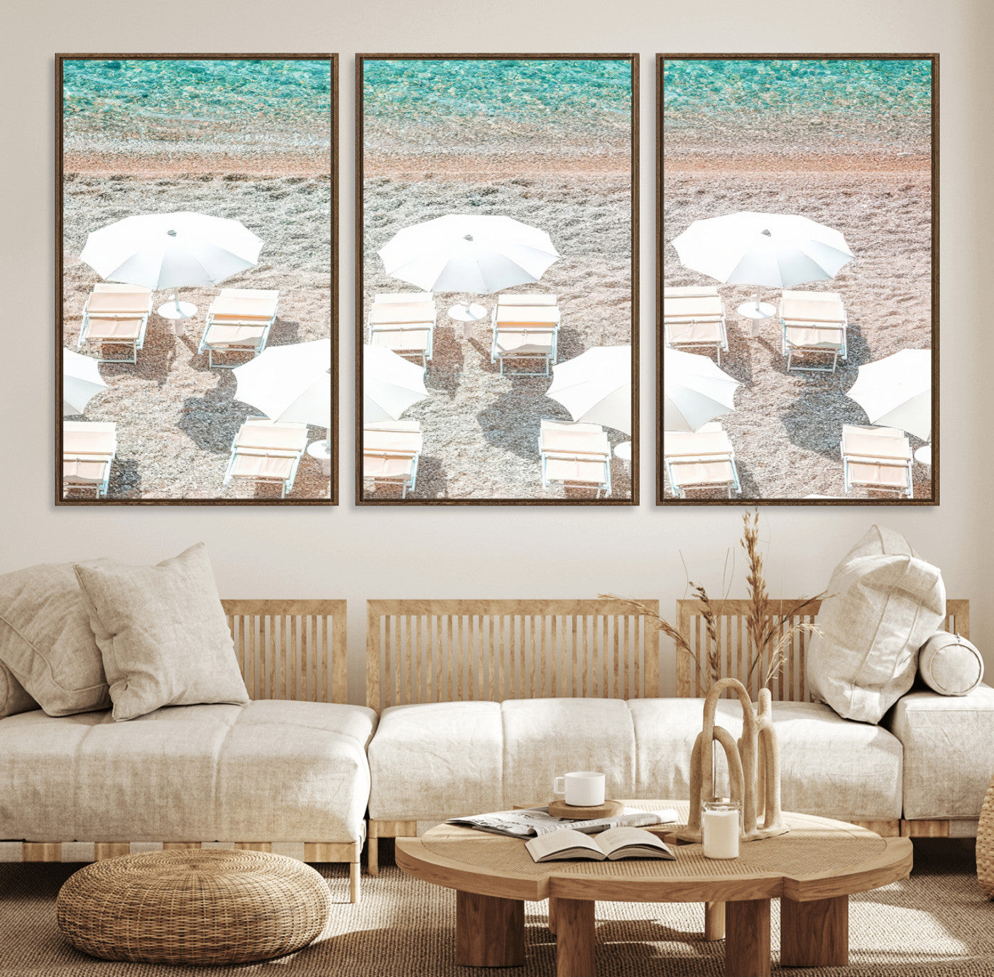 A bright beach scene with white umbrellas, pastel sand, and turquoise waters, creating a tranquil coastal vibe, perfect for beach house or summer decor.