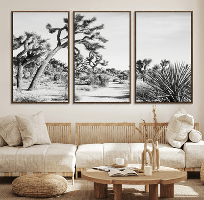 Canvas of a Joshua Tree forest in black and white tones, featuring a desert path and spiky vegetation, ideal for minimalist or rustic decor.