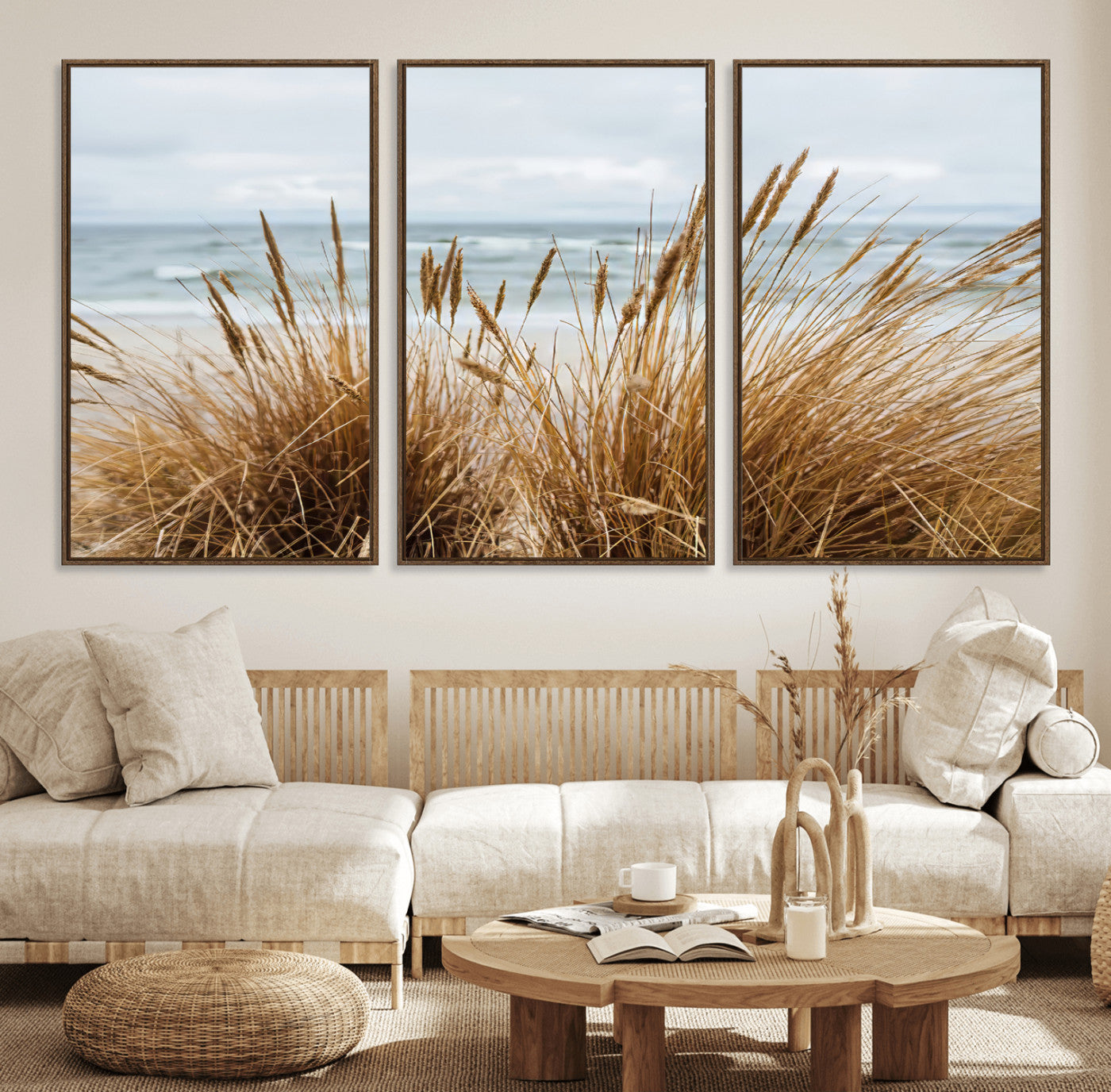 Canvas of golden beach grass swaying by the ocean under a soft cloudy sky, perfect for neutral-toned or coastal minimalist decor.
